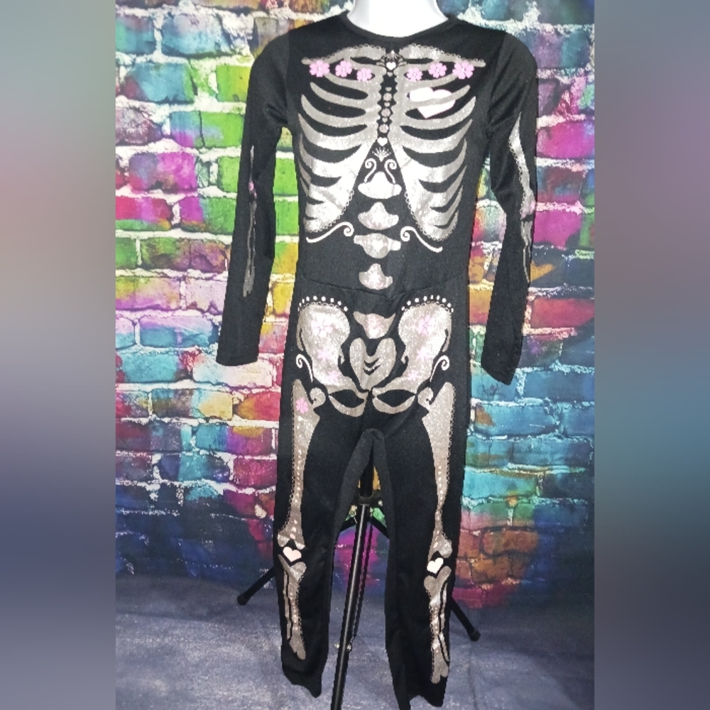 H&M Youth Black Halloween Skelton Costume With Glittery Silver Bones Size 8-10Y